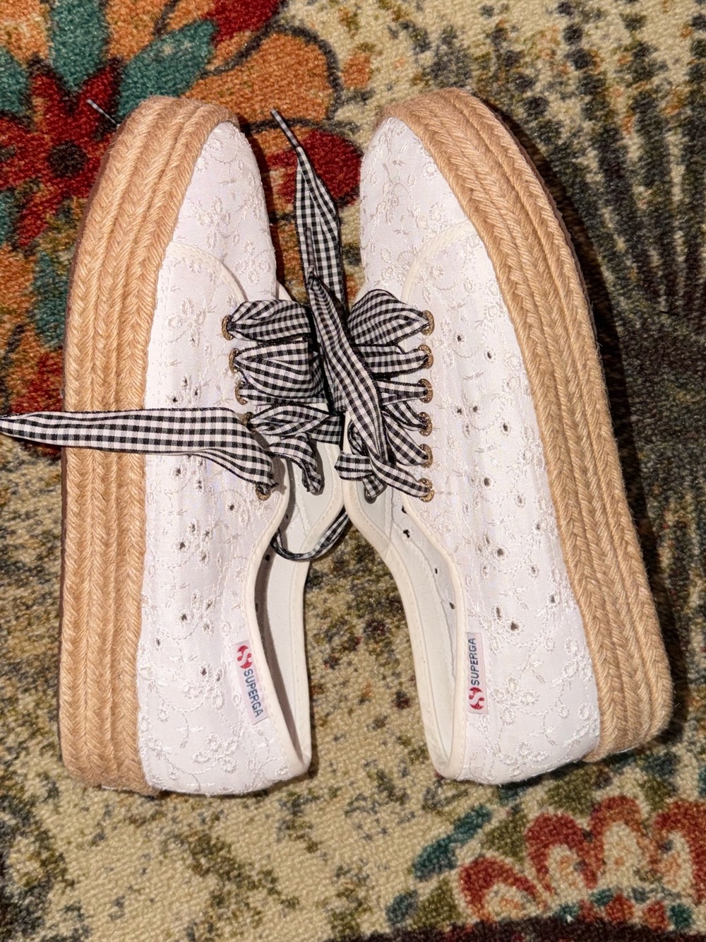 Suprega White Lace Platform Espadrille Sneakers with Gingham Laces